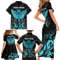 Personalized Elegant Wings and Dartboard Design Family Matching Short Sleeve Bodycon Dress and Hawaiian Shirt with Swirling Floral Patterns - Wonder Print Shop