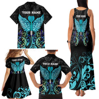 Personalized Elegant Wings and Dartboard Design Family Matching Tank Maxi Dress and Hawaiian Shirt with Swirling Floral Patterns - Wonder Print Shop