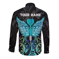 Personalized Elegant Wings and Dartboard Design Long Sleeve Button Shirt with Swirling Floral Patterns - Wonder Print Shop