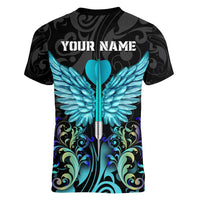 Personalized Elegant Wings and Dartboard Design Women V-Neck T-Shirt with Swirling Floral Patterns - Wonder Print Shop