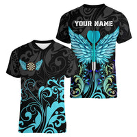 Personalized Elegant Wings and Dartboard Design Women V-Neck T-Shirt with Swirling Floral Patterns - Wonder Print Shop