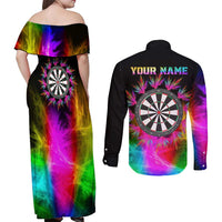 Personalized Colorful Neon Darts Couples Matching Off Shoulder Maxi Dress and Long Sleeve Button Shirt with Bold Abstract Background - Wonder Print Shop