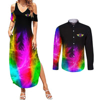 Personalized Colorful Neon Darts Couples Matching Summer Maxi Dress and Long Sleeve Button Shirt with Bold Abstract Background - Wonder Print Shop
