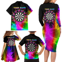 Personalized Colorful Neon Darts Family Matching Long Sleeve Bodycon Dress and Hawaiian Shirt with Bold Abstract Background - Wonder Print Shop