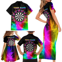 Personalized Colorful Neon Darts Family Matching Short Sleeve Bodycon Dress and Hawaiian Shirt with Bold Abstract Background - Wonder Print Shop