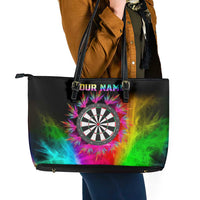 Personalized Colorful Neon Darts Leather Tote Bag with Bold Abstract Background - Wonder Print Shop