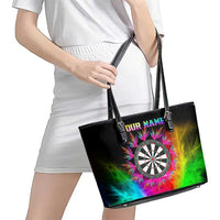 Personalized Colorful Neon Darts Leather Tote Bag with Bold Abstract Background - Wonder Print Shop