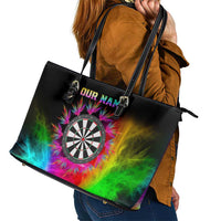 Personalized Colorful Neon Darts Leather Tote Bag with Bold Abstract Background - Wonder Print Shop