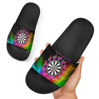 Personalized Colorful Neon Darts Slide Sandals with Bold Abstract Background - Wonder Print Shop