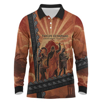 Twelve Olympians Long Sleeve Polo Shirt Greek Gods Graphic With Greek Amphora Vase And Parthenon Art