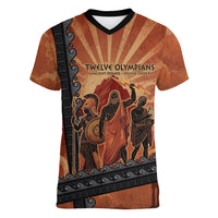 Twelve Olympians Women V-Neck T-Shirt Greek Gods Graphic With Greek Amphora Vase And Parthenon Art