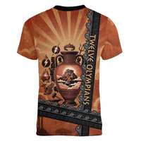 Twelve Olympians Women V-Neck T-Shirt Greek Gods Graphic With Greek Amphora Vase And Parthenon Art