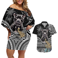 Polynesian Pitbull Couples Matching Off Shoulder Short Dress and Hawaiian Shirt Polynesian Pattern And Pitbull - Wonder Print Shop