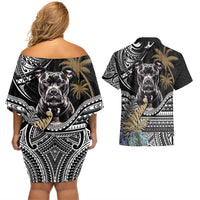 Polynesian Pitbull Couples Matching Off Shoulder Short Dress and Hawaiian Shirt Polynesian Pattern And Pitbull - Wonder Print Shop