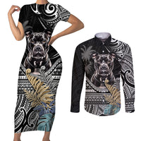 Polynesian Pitbull Couples Matching Short Sleeve Bodycon Dress and Long Sleeve Button Shirts Polynesian Pattern And Pitbull - Wonder Print Shop