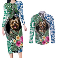 Polynesian Yorkshire Terrier Couples Matching Long Sleeve Bodycon Dress and Long Sleeve Button Shirts Polynesian Pattern And Yorkshire Terrier - Wonder Print Shop