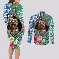 Polynesian Yorkshire Terrier Couples Matching Long Sleeve Bodycon Dress and Long Sleeve Button Shirts Polynesian Pattern And Yorkshire Terrier - Wonder Print Shop