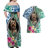 Polynesian Yorkshire Terrier Couples Matching Off Shoulder Maxi Dress and Hawaiian Shirt Polynesian Pattern And Yorkshire Terrier - Wonder Print Shop
