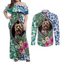Polynesian Yorkshire Terrier Couples Matching Off Shoulder Maxi Dress and Long Sleeve Button Shirts Polynesian Pattern And Yorkshire Terrier - Wonder Print Shop