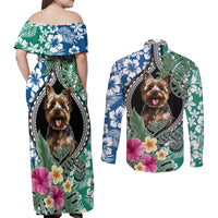 Polynesian Yorkshire Terrier Couples Matching Off Shoulder Maxi Dress and Long Sleeve Button Shirts Polynesian Pattern And Yorkshire Terrier - Wonder Print Shop