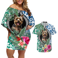 Polynesian Yorkshire Terrier Couples Matching Off Shoulder Short Dress and Hawaiian Shirt Polynesian Pattern And Yorkshire Terrier - Wonder Print Shop