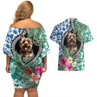 Polynesian Yorkshire Terrier Couples Matching Off Shoulder Short Dress and Hawaiian Shirt Polynesian Pattern And Yorkshire Terrier - Wonder Print Shop