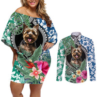 Polynesian Yorkshire Terrier Couples Matching Off Shoulder Short Dress and Long Sleeve Button Shirts Polynesian Pattern And Yorkshire Terrier - Wonder Print Shop