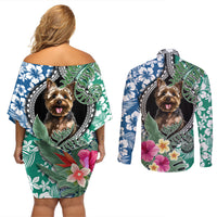 Polynesian Yorkshire Terrier Couples Matching Off Shoulder Short Dress and Long Sleeve Button Shirts Polynesian Pattern And Yorkshire Terrier - Wonder Print Shop
