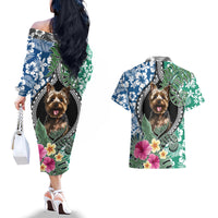 Polynesian Yorkshire Terrier Couples Matching Off The Shoulder Long Sleeve Dress and Hawaiian Shirt Polynesian Pattern And Yorkshire Terrier - Wonder Print Shop