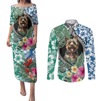 Polynesian Yorkshire Terrier Couples Matching Puletasi Dress and Long Sleeve Button Shirts Polynesian Pattern And Yorkshire Terrier - Wonder Print Shop