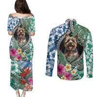 Polynesian Yorkshire Terrier Couples Matching Puletasi Dress and Long Sleeve Button Shirts Polynesian Pattern And Yorkshire Terrier - Wonder Print Shop
