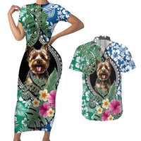 Polynesian Yorkshire Terrier Couples Matching Short Sleeve Bodycon Dress and Hawaiian Shirt Polynesian Pattern And Yorkshire Terrier - Wonder Print Shop