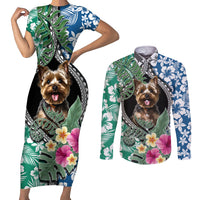 Polynesian Yorkshire Terrier Couples Matching Short Sleeve Bodycon Dress and Long Sleeve Button Shirts Polynesian Pattern And Yorkshire Terrier - Wonder Print Shop