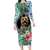 Polynesian Yorkshire Terrier Long Sleeve Bodycon Dress Polynesian Pattern And Yorkshire Terrier - Wonder Print Shop