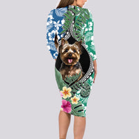Polynesian Yorkshire Terrier Long Sleeve Bodycon Dress Polynesian Pattern And Yorkshire Terrier - Wonder Print Shop