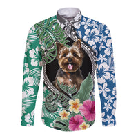 Polynesian Yorkshire Terrier Long Sleeve Button Shirt Polynesian Pattern And Yorkshire Terrier - Wonder Print Shop