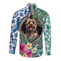 Polynesian Yorkshire Terrier Long Sleeve Button Shirt Polynesian Pattern And Yorkshire Terrier - Wonder Print Shop