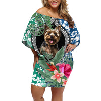 Polynesian Yorkshire Terrier Off Shoulder Short Dress Polynesian Pattern And Yorkshire Terrier - Wonder Print Shop