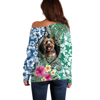 Polynesian Yorkshire Terrier Off Shoulder Sweater Polynesian Pattern And Yorkshire Terrier - Wonder Print Shop