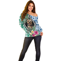 Polynesian Yorkshire Terrier Off Shoulder Sweater Polynesian Pattern And Yorkshire Terrier - Wonder Print Shop