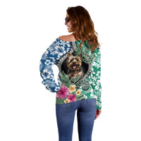 Polynesian Yorkshire Terrier Off Shoulder Sweater Polynesian Pattern And Yorkshire Terrier - Wonder Print Shop
