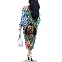 Polynesian Yorkshire Terrier Off The Shoulder Long Sleeve Dress Polynesian Pattern And Yorkshire Terrier - Wonder Print Shop