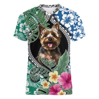 Polynesian Yorkshire Terrier Women V Neck T Shirt Polynesian Pattern And Yorkshire Terrier - Wonder Print Shop