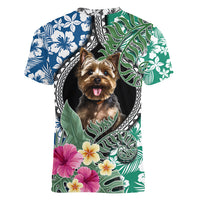 Polynesian Yorkshire Terrier Women V Neck T Shirt Polynesian Pattern And Yorkshire Terrier - Wonder Print Shop