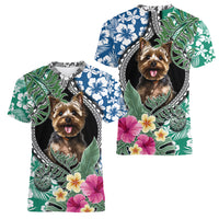 Polynesian Yorkshire Terrier Women V Neck T Shirt Polynesian Pattern And Yorkshire Terrier - Wonder Print Shop