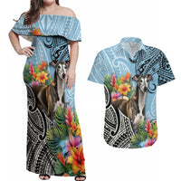Polynesian Greyhound Couples Matching Off Shoulder Maxi Dress and Hawaiian Shirt Polynesian Pattern And Greyhound - Wonder Print Shop
