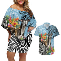 Polynesian Greyhound Couples Matching Off Shoulder Short Dress and Hawaiian Shirt Polynesian Pattern And Greyhound - Wonder Print Shop