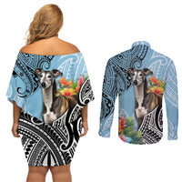 Back view off-shoulder short dress and long-sleeve button shirt in cyan with dog floral print