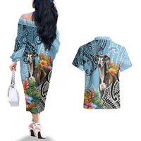 Polynesian Greyhound Couples Matching Off The Shoulder Long Sleeve Dress and Hawaiian Shirt Polynesian Pattern And Greyhound - Wonder Print Shop