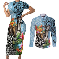 Polynesian Greyhound Couples Matching Short Sleeve Bodycon Dress and Long Sleeve Button Shirts Polynesian Pattern And Greyhound - Wonder Print Shop